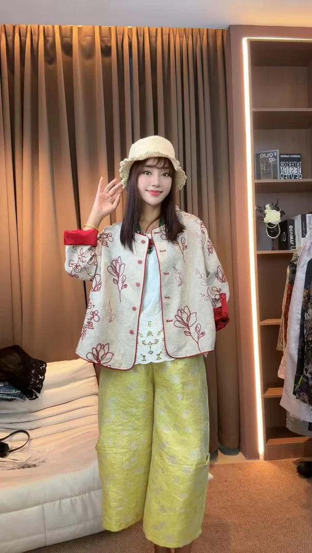 【芊颜家】“红秀”秋季款新中式国风麻刺绣对襟长袖上衣18123