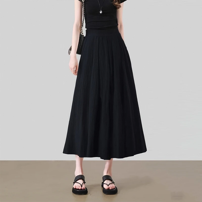 拉夏贝尔垂感气质百褶a字裙夏薄款2025新款高腰显瘦黑色半身裙女