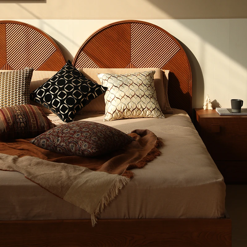 笕南花开《赫米娅》双人复古大床主卧樱桃木全实木1米8双人高靠背