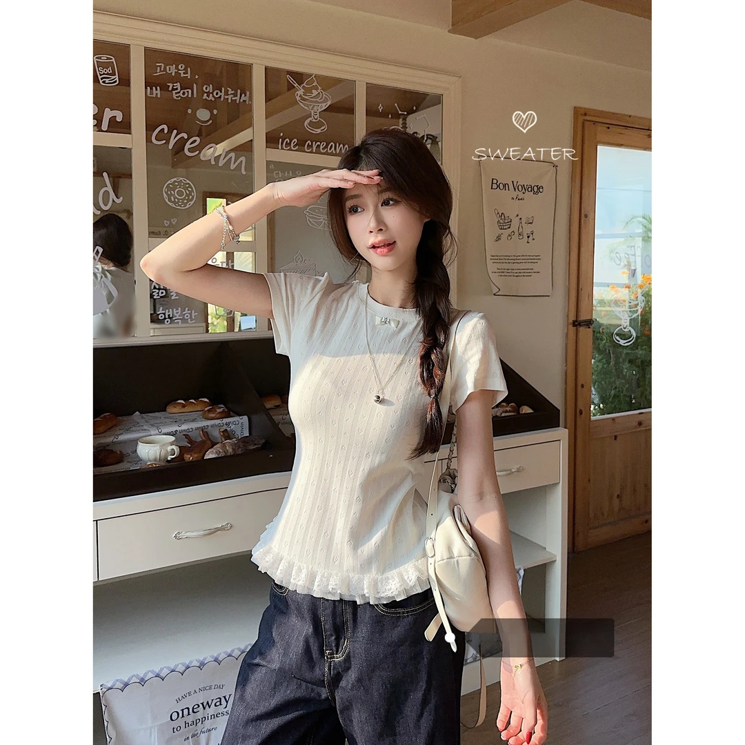 蕾丝拼接正肩白色短袖T恤女夏季新款纯欲显瘦洋气遮肚内搭打底衫