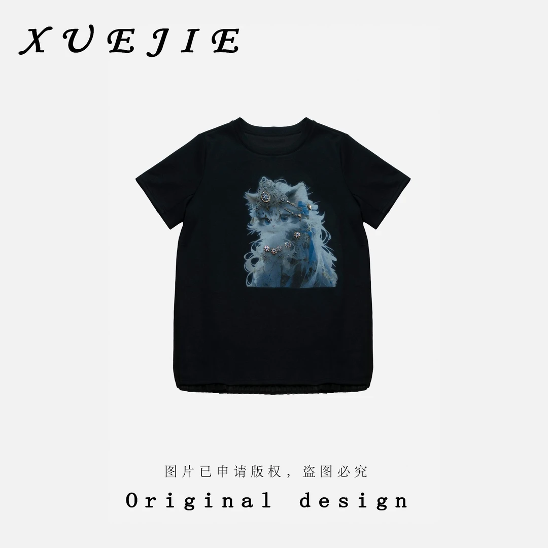 逸焰【雪姐憨态可掬】-90707猫咪元素春夏毛毛印花短袖T恤