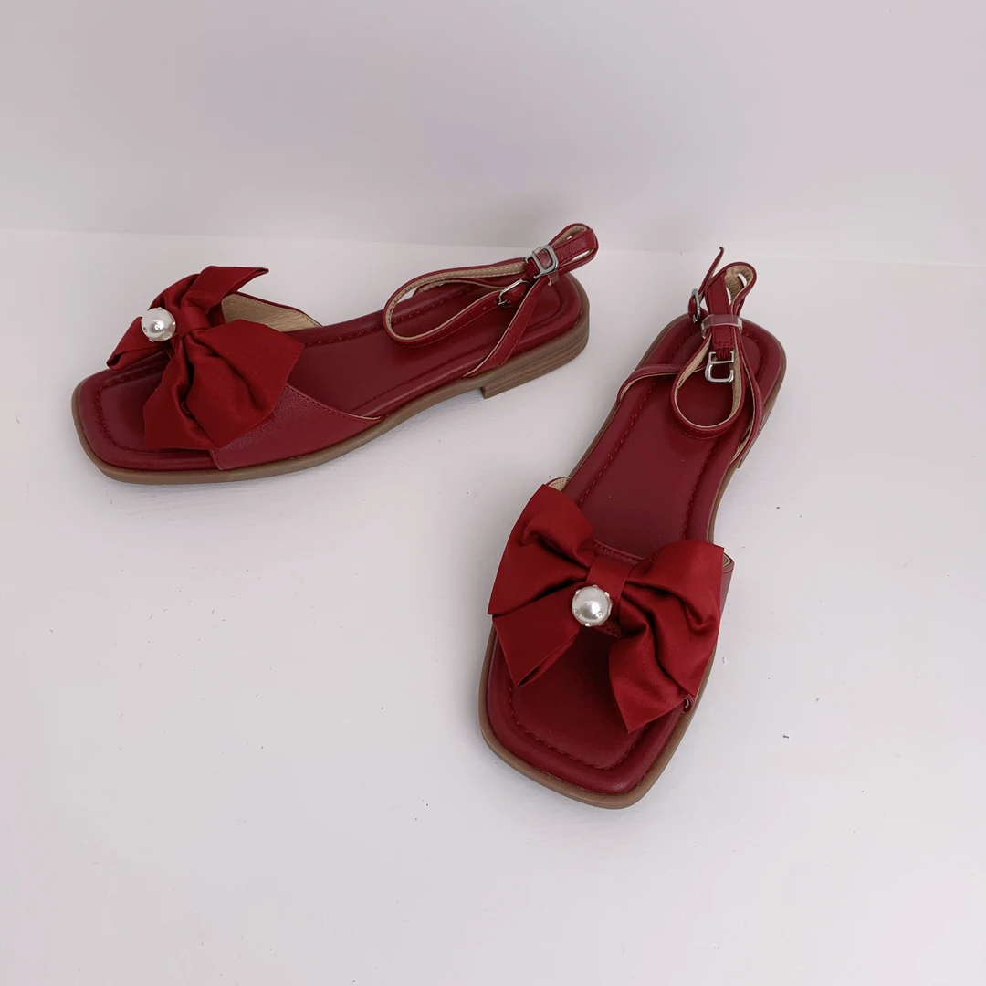 酒红色一字带露趾蝴蝶结凉鞋A117