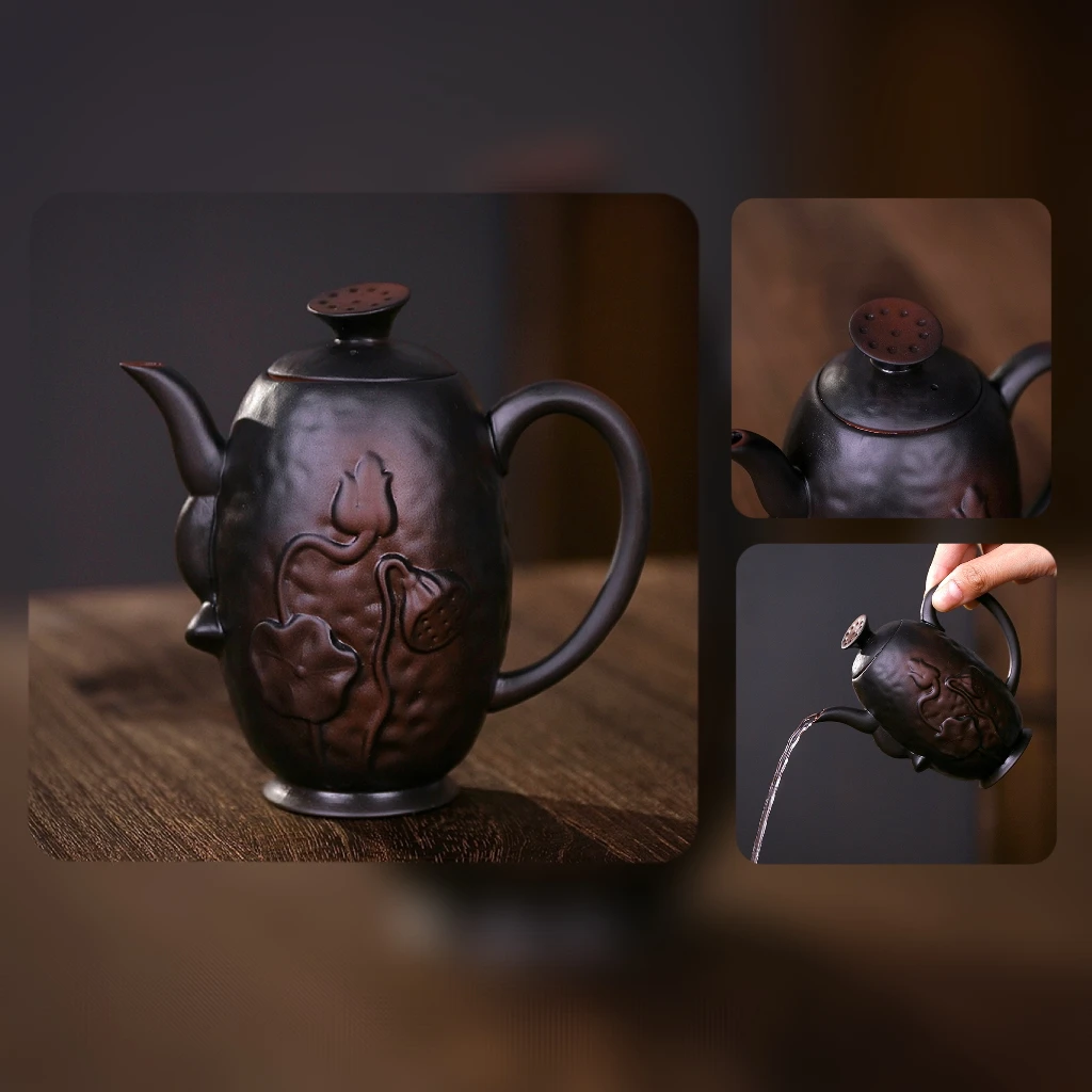 紫陶浮雕莲蓬荷花壶小容量家用中式纯手工泡茶壶复古大号紫砂壶