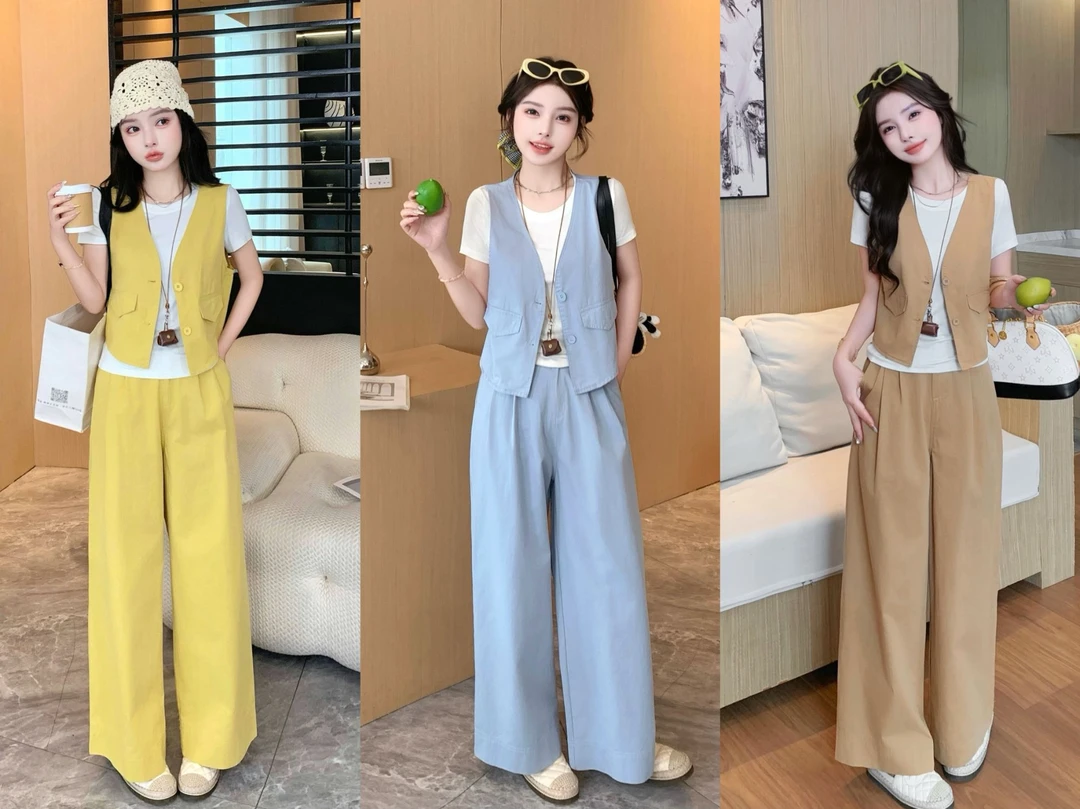 （XI ZI女装）休闲时尚洋气气质减龄棉T+马甲+阔腿裤#2502