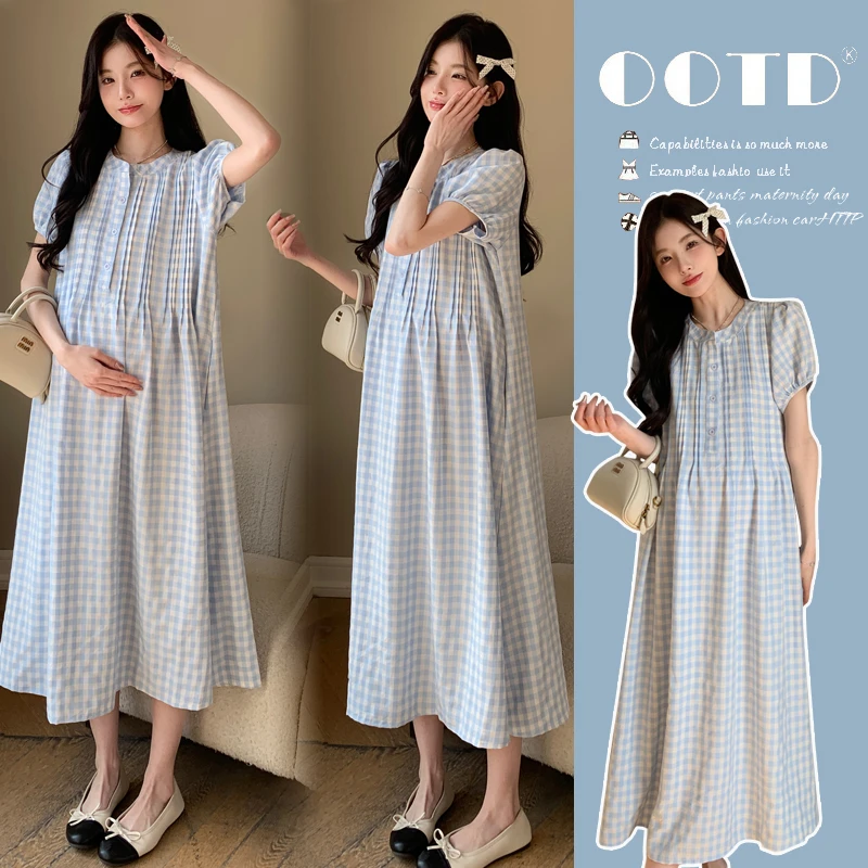 气质孕妇装夏季新款洋气法式复古简约设计感胸前收褶孕妇连衣裙
