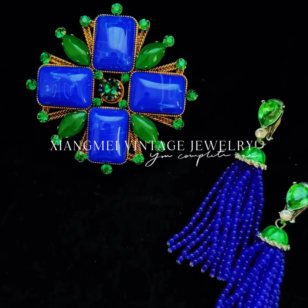 铜合金耳饰 5181461【与浪漫和解】中古风复古百搭款蓝绿色耳饰