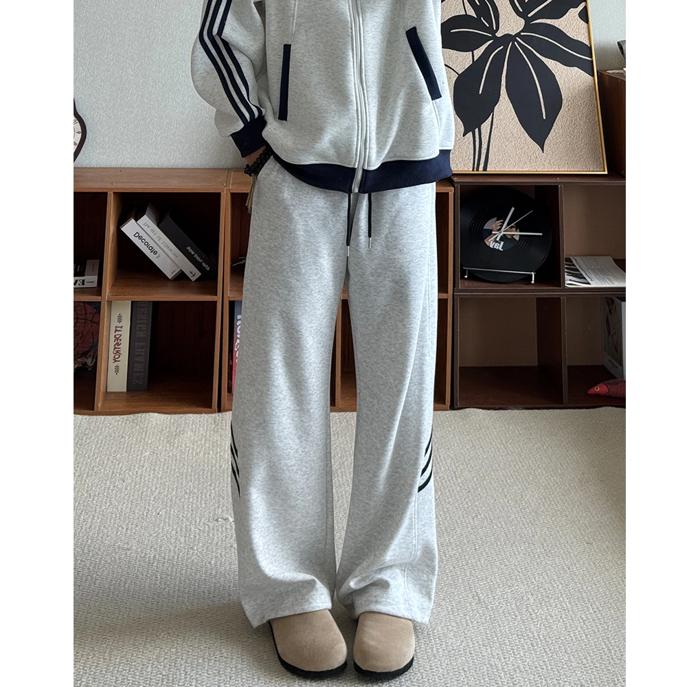 美式cleanfit裤子男款条纹三条杠微喇重磅运动卫裤宽松直筒休闲裤