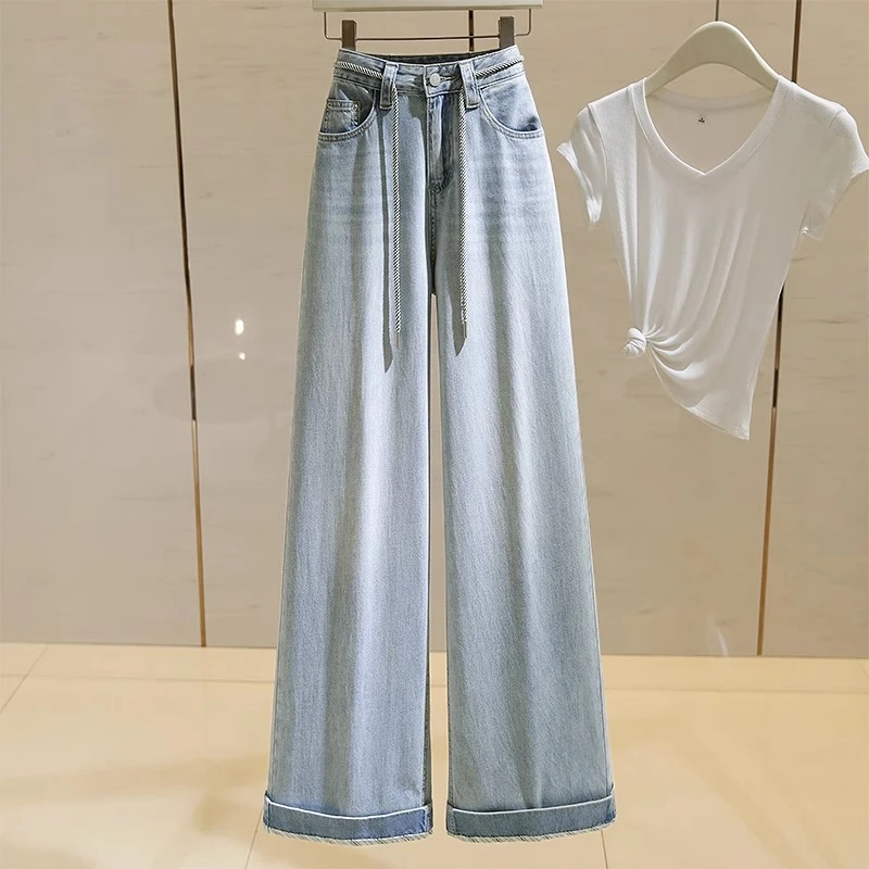 culv高腰阔腿牛仔裤女夏季新款美式复古百搭翻边宽松显瘦直筒裤子