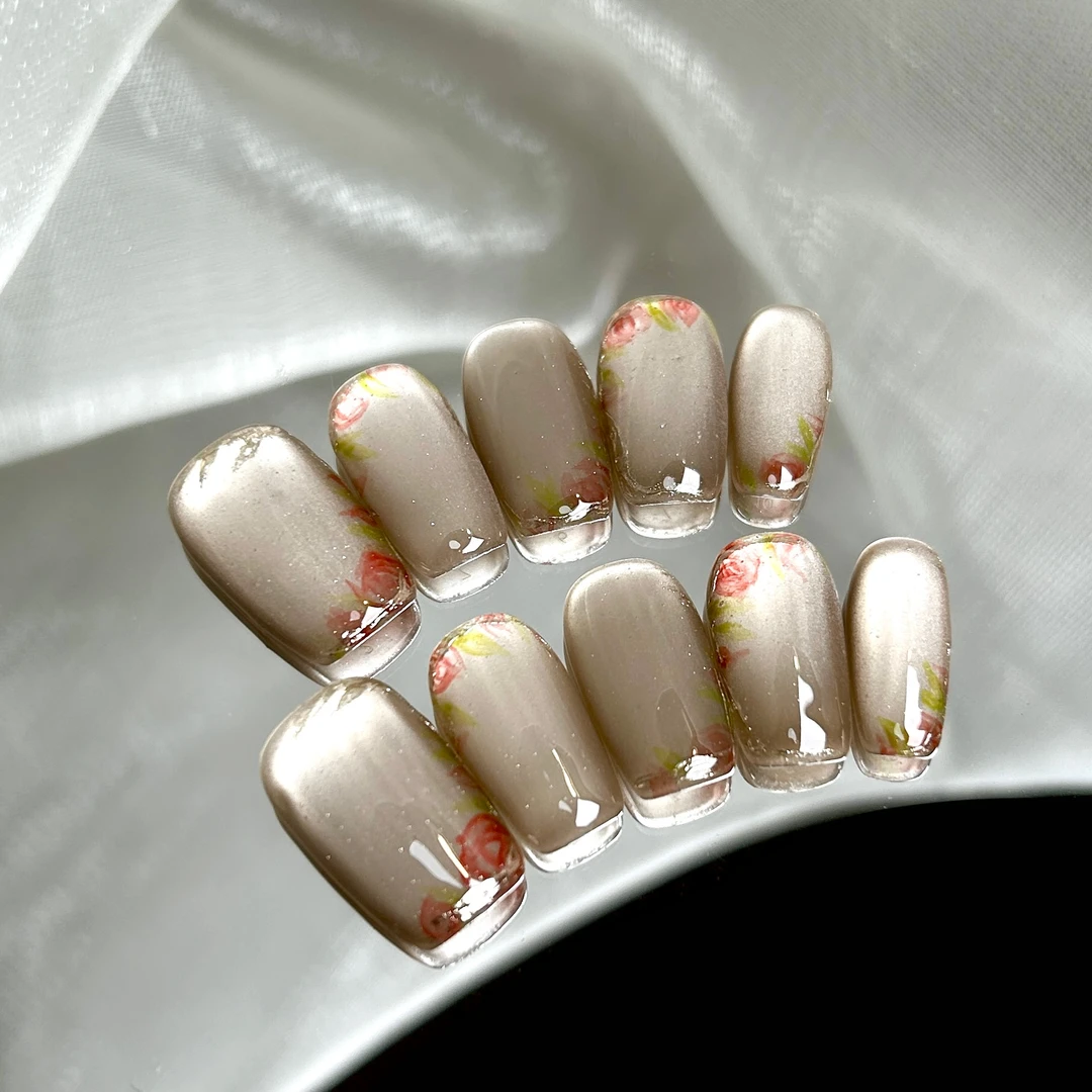 【粉蔷薇】蓝珊手工穿戴甲高级香槟金晶石猫眼鎏金手绘蔷薇气质百搭