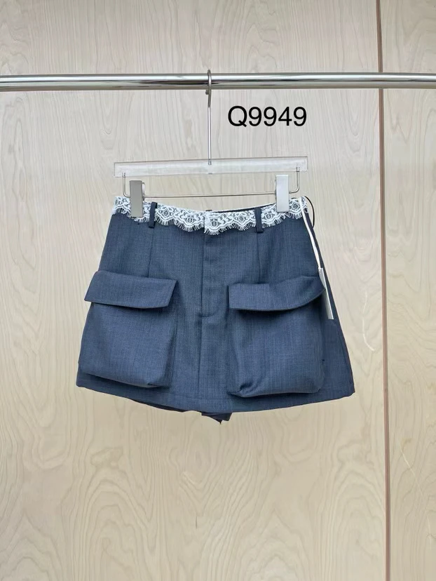 【BAI】夏新款拼接蕾丝高腰百搭显瘦工装裤裙9949