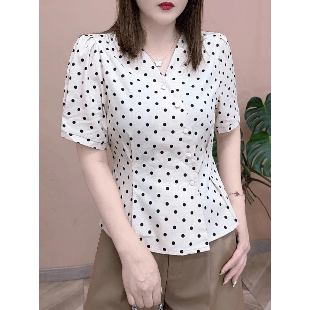2025新款妈妈装极简风波点设计收腰显瘦气质上衣女春游出行衣服