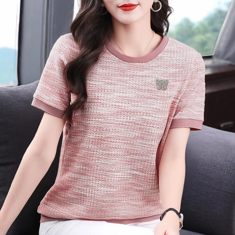 冰丝短袖针织衫女夏季2025新款女士t恤大码半袖上衣薄款洋气小衫