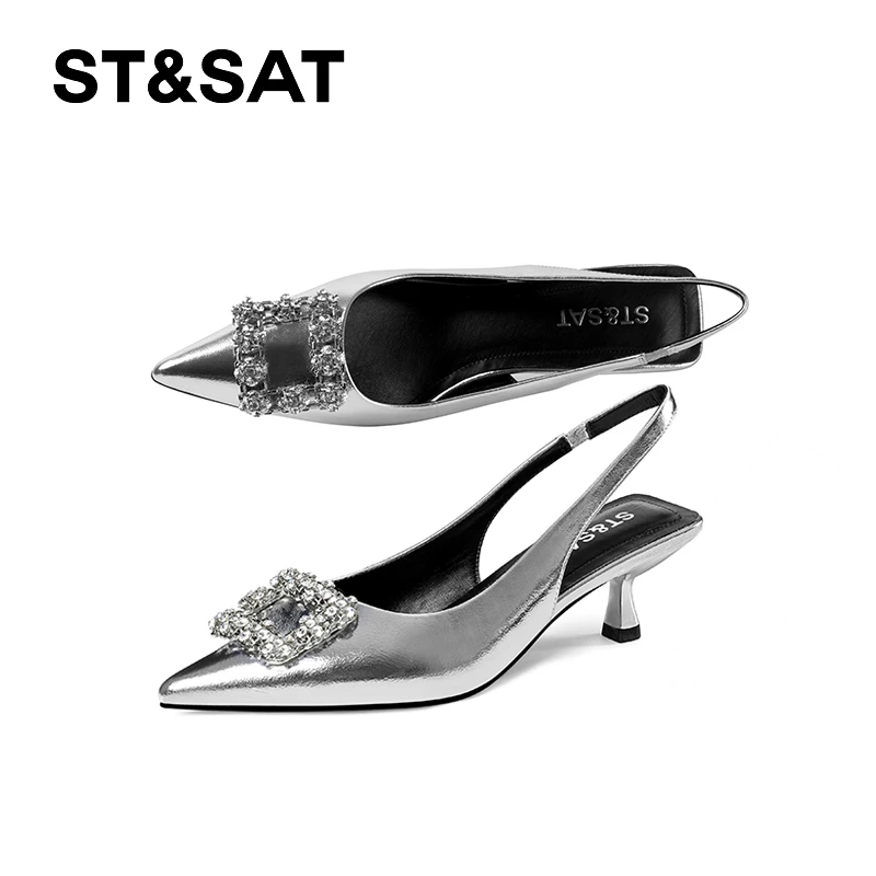 St&Sat/星期六黑色时装水钻性感夏季尖头中跟凉鞋银色细高跟