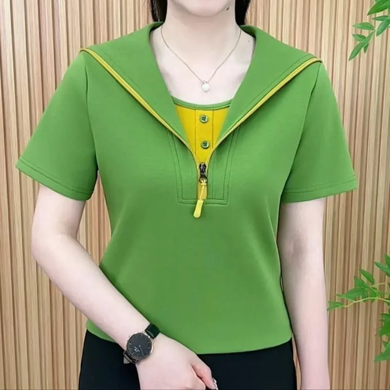 夏季新款妈妈装短袖T恤2025时尚洋气假两件上衣减龄拉链女士小衫