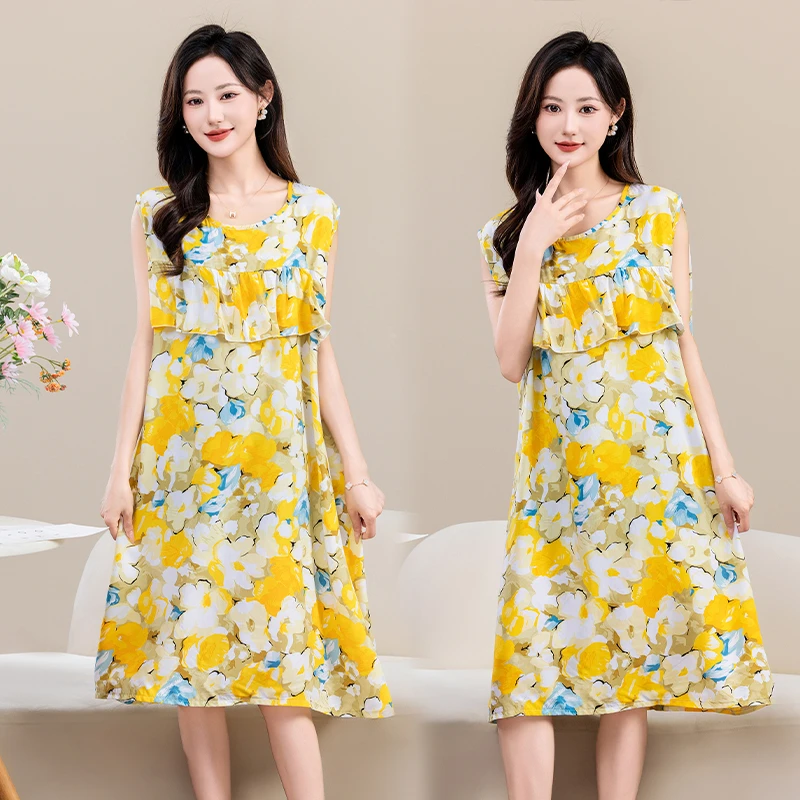 【防凸点】无袖睡裙家居服棉绸女夏季新款休闲宽松大码人造棉裙子可