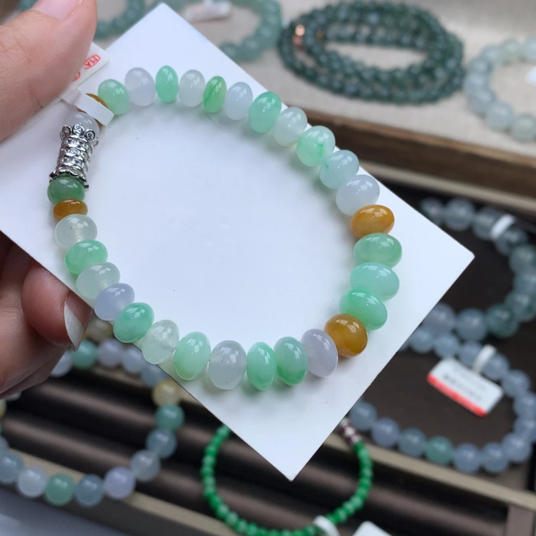 翡翠未镶嵌手链糯冰种色彩鼓珠，6.8-9.3mm