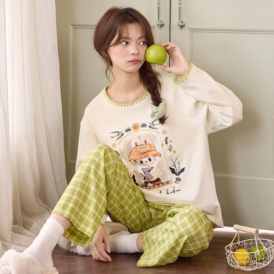 8H6947新款纯棉带胸垫睡衣长袖长裤韩版家居服套装HM