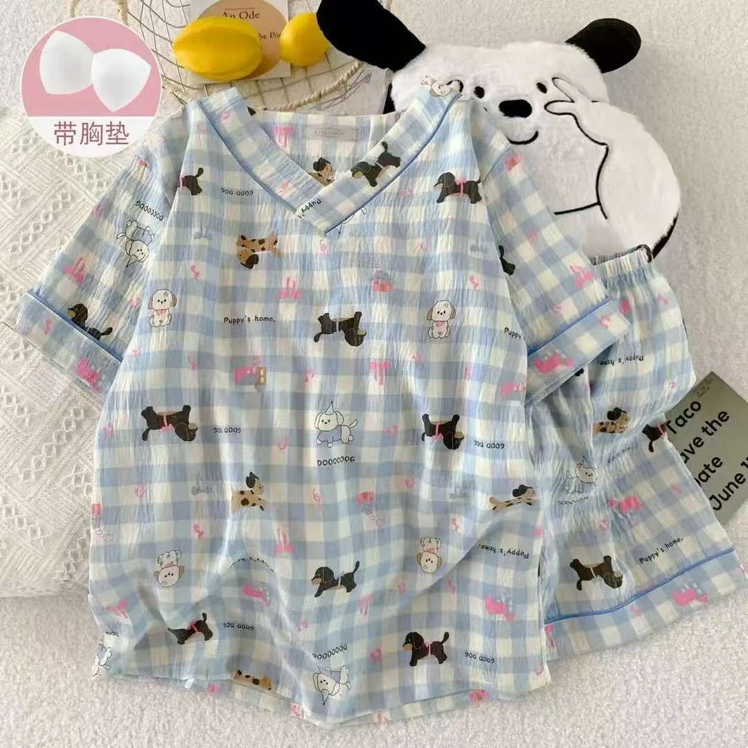 2025年新款云朵棉短袖短裤少女v领睡衣夏天可外穿家居服睡衣套装