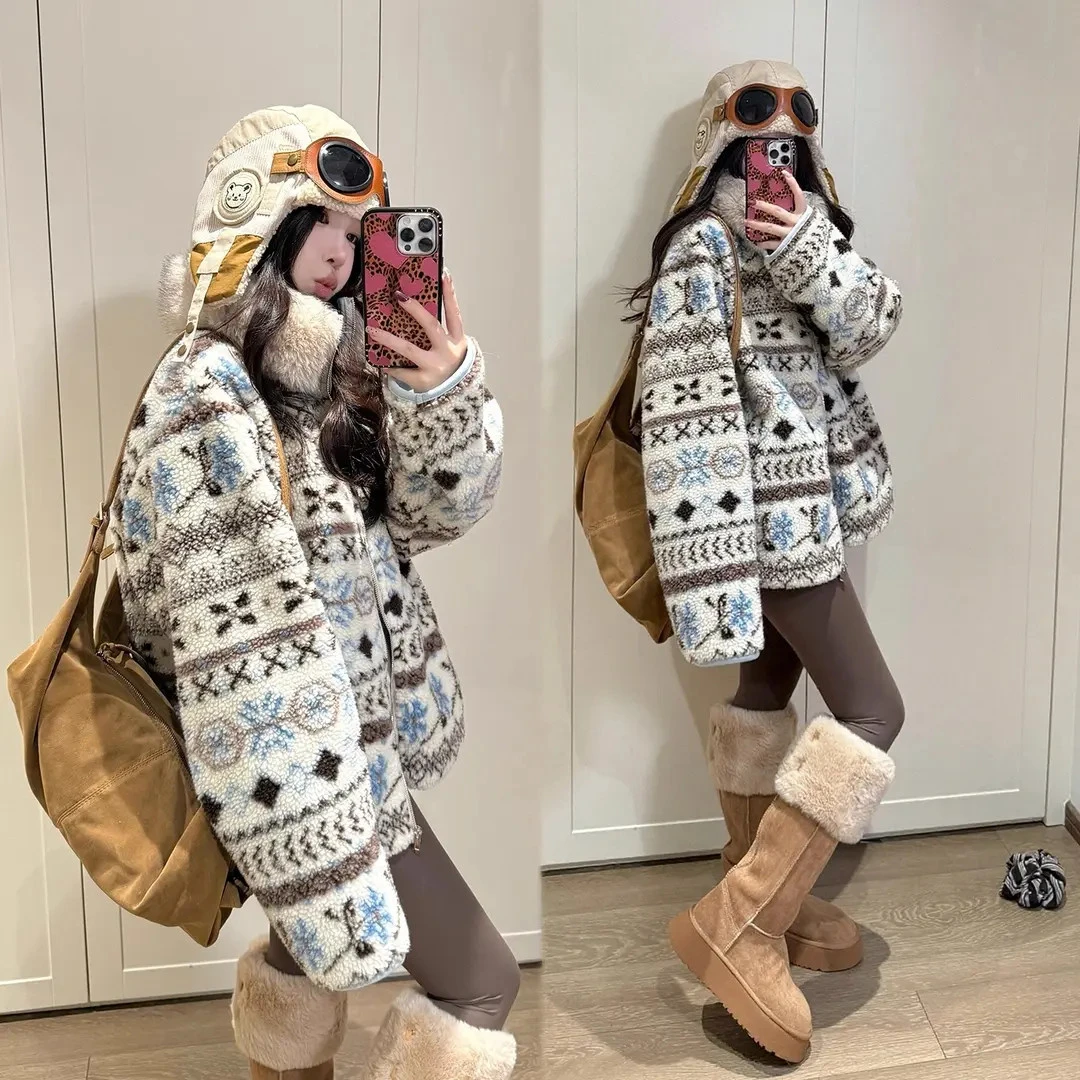 2025新款费尔岛加厚保暖毛绒外套女秋冬季高级感时尚洋气毛领大衣