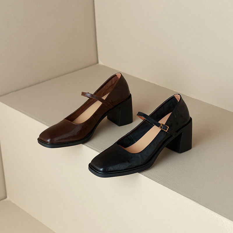 六也·静音一字带玛丽珍｜复古手抓纹羊皮小皮鞋粗跟单鞋软皮鞋