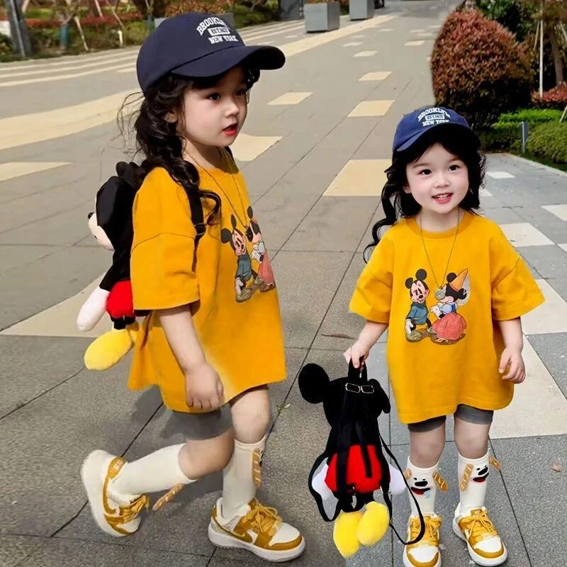 韩版女童夏季套装2025新款女宝宝卡通印花T恤上衣纯色打底短裤