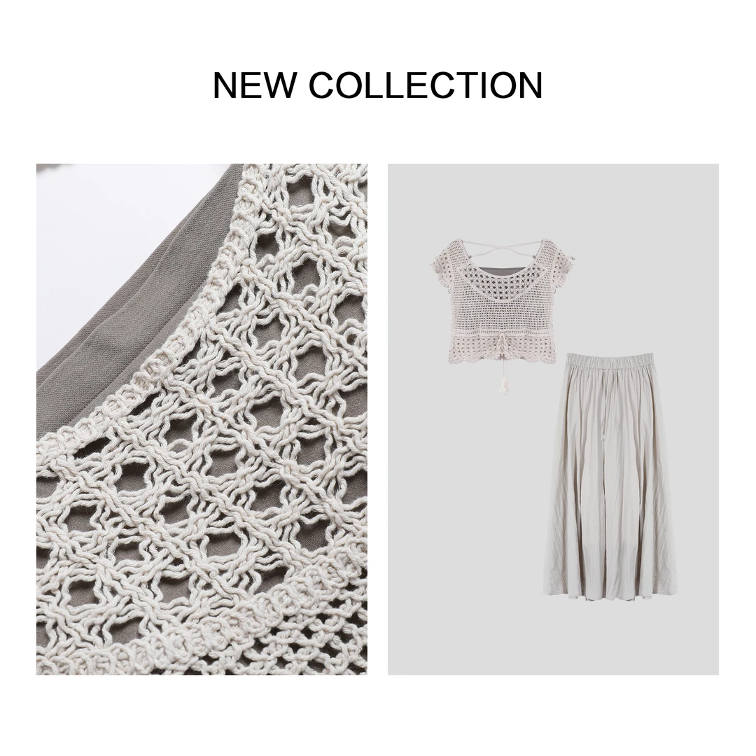 【龙哥专属】D3F38008A 镂空钩针设计短袖上衣+浅灰垂感长裙 4181