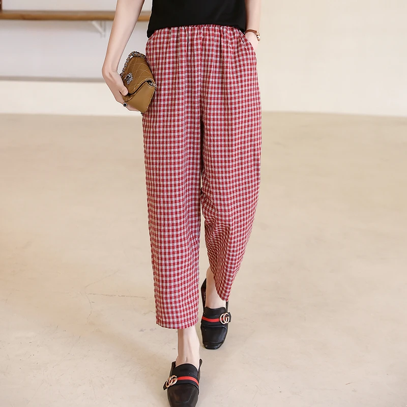 高腰夏季新款透气春夏小格子休闲裤复古休闲格子裤九分裤直筒