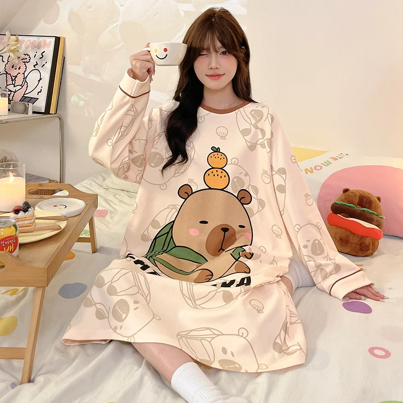 卡皮巴拉女童睡裙纯棉长袖春秋款女孩儿童连体睡衣家居服6-15岁12