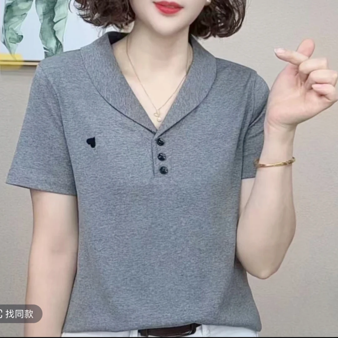 夏季新款洋气百搭减龄女显示短袖翻驳领T恤女上衣妈妈装