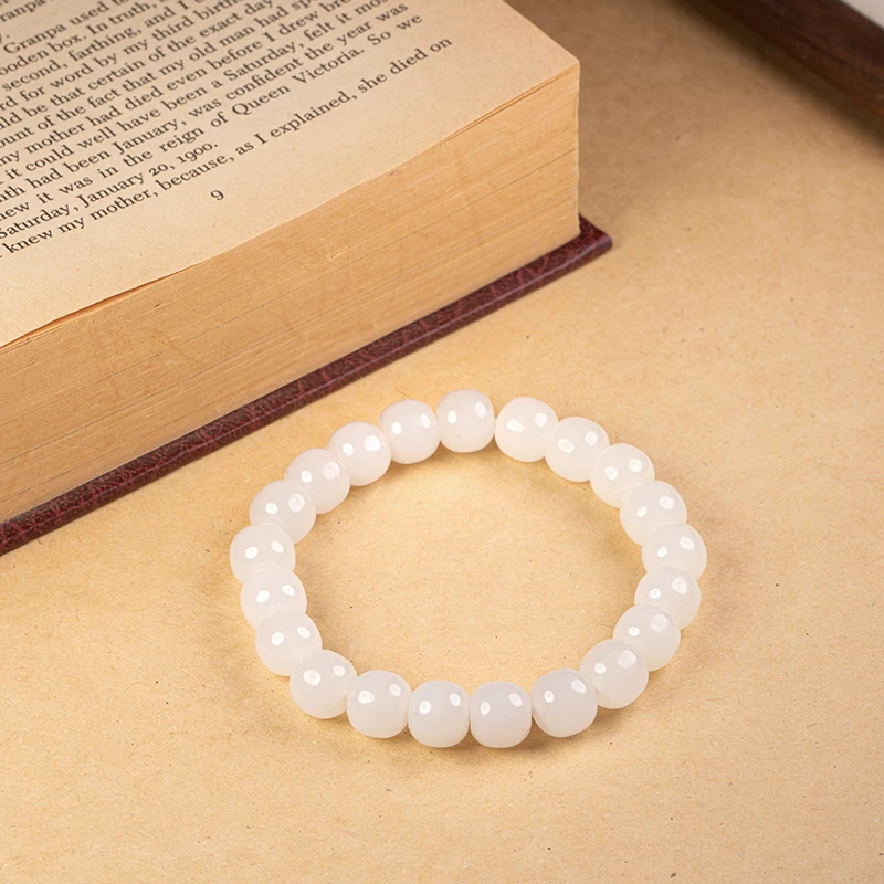 和田玉白玉老型珠手串手链10mm白玉老型素圈手串  优雅气质百搭