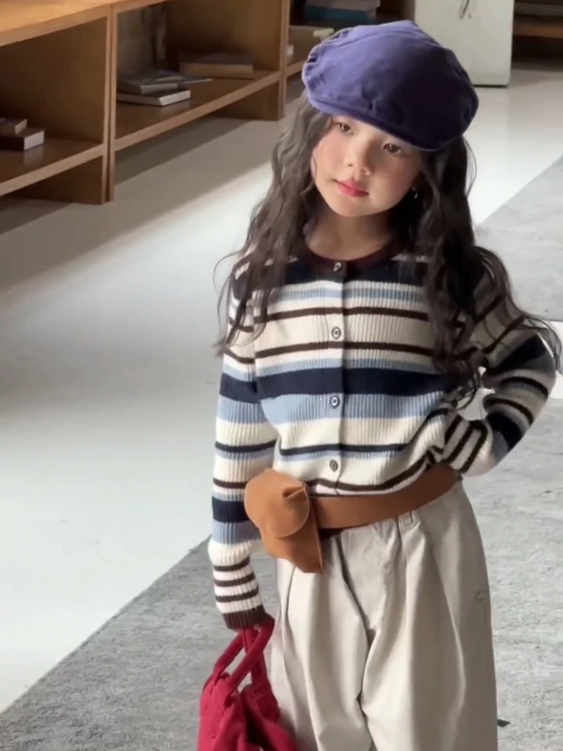 女童条纹毛衣开衫2025秋冬新款韩版宝宝百搭女孩长袖针织女童秋装