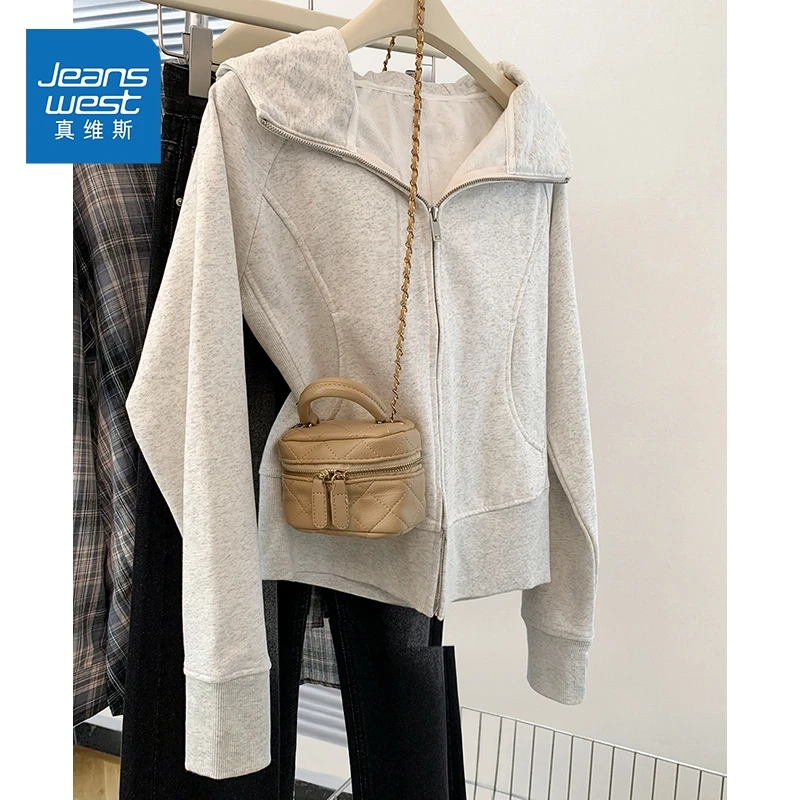 真维斯女开衫修身2026lulu上衣连帽拉链显瘦新款外套早春灰色H