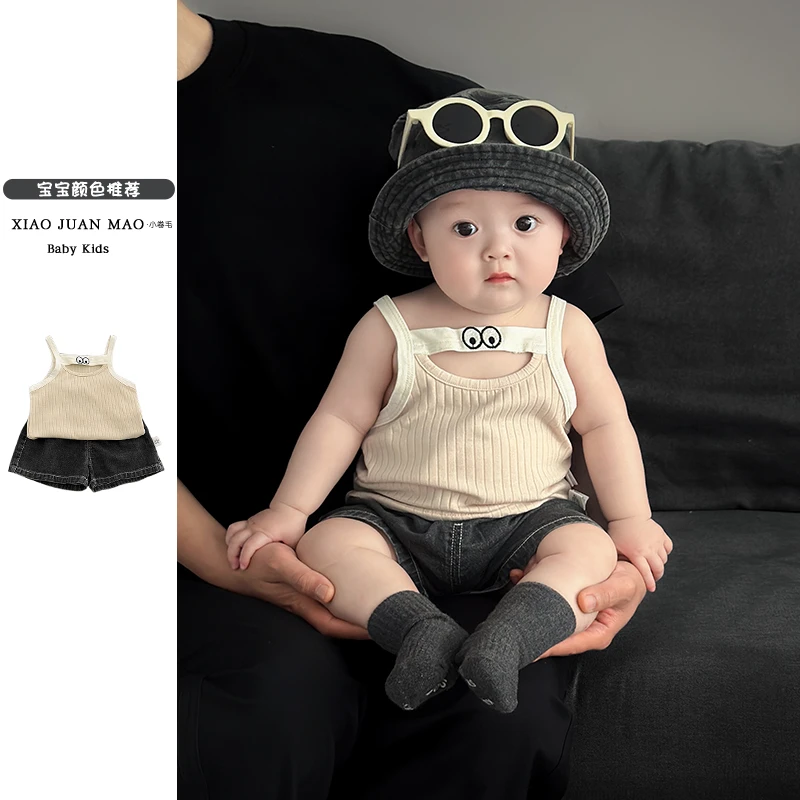 T25X172夏季新款男宝女宝中性韩系时尚凉快眼睛吊带上衣牛仔短裤