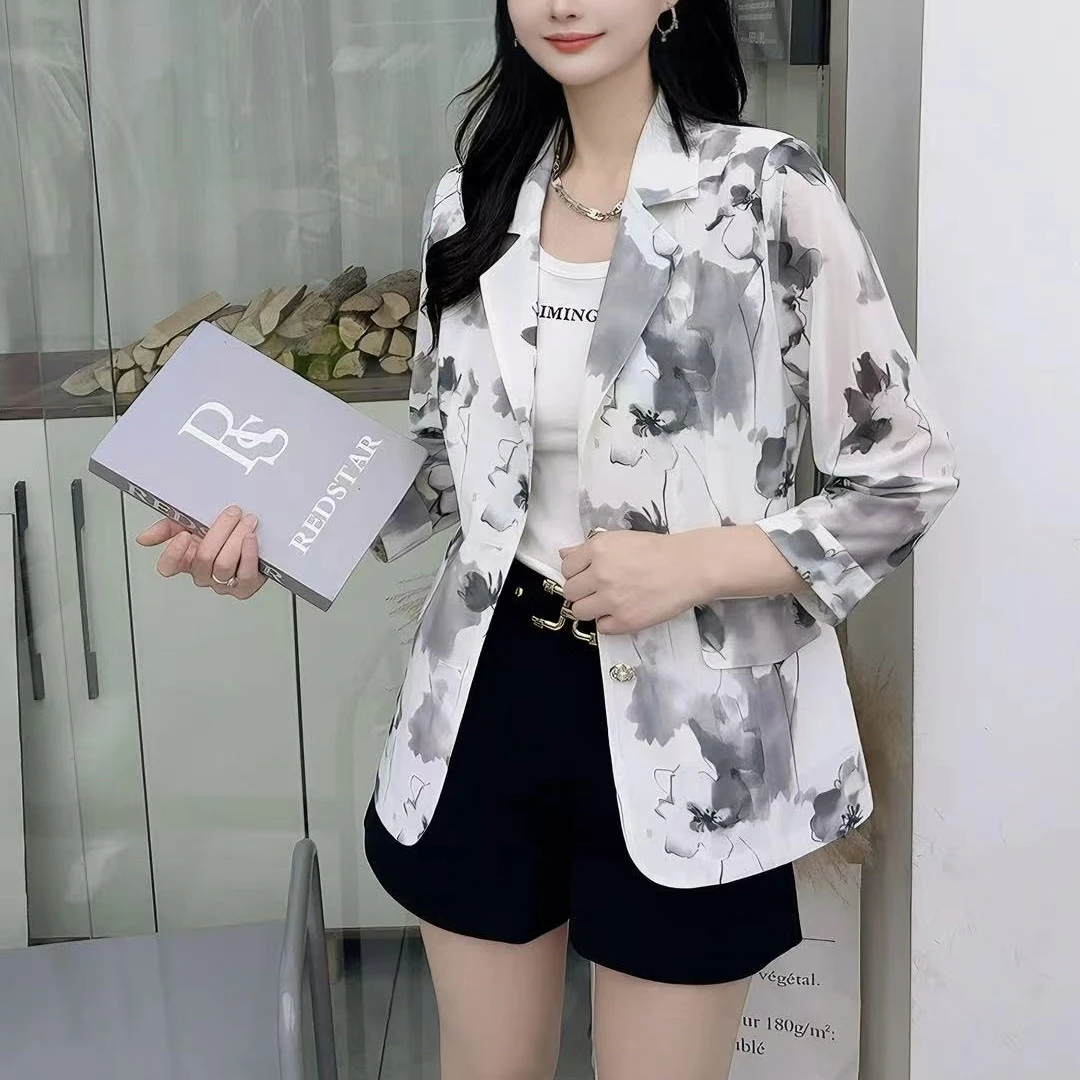 时尚印花薄款七分袖遮肉显瘦气质休闲外套A18006