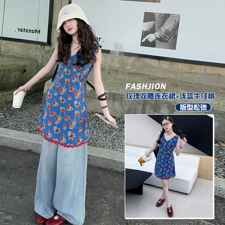显瘦连衣裙套装韩版夏季碎花女童中大童复古收腰外宽洋气无袖阔腿