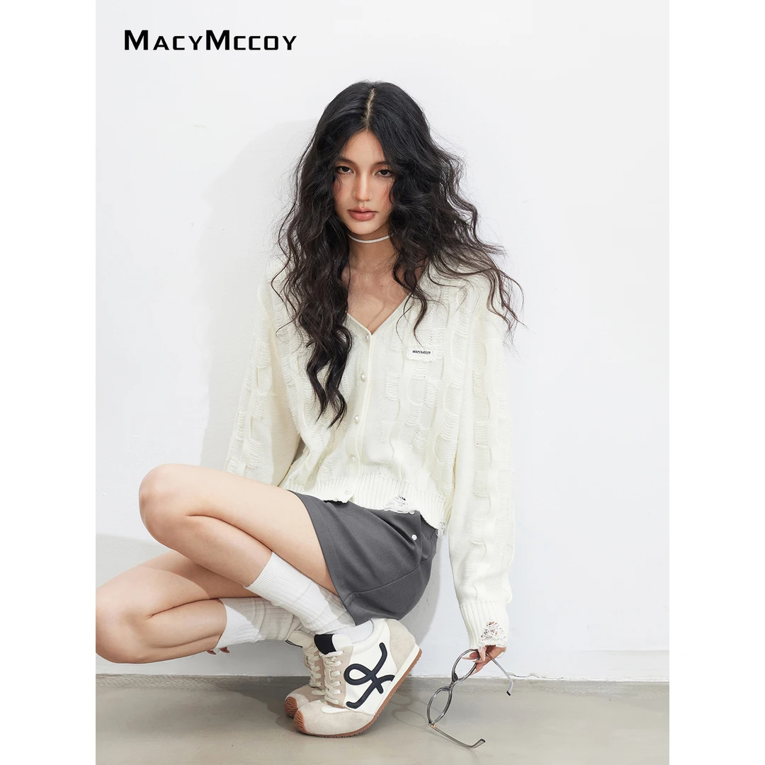 【熊小姐专属】MacyMccoyV领破坏毛衣女重工百搭慵懒风开衫上衣