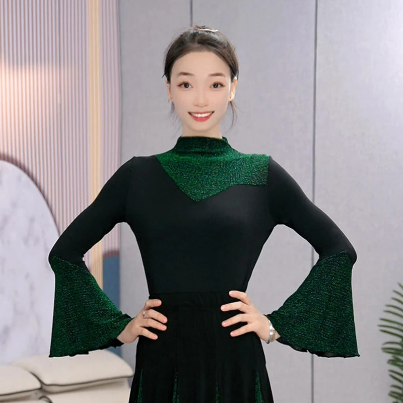 时尚摩登舞蹈服成人女款小高领优雅贵气拉丁舞交际舞练功服长袖款