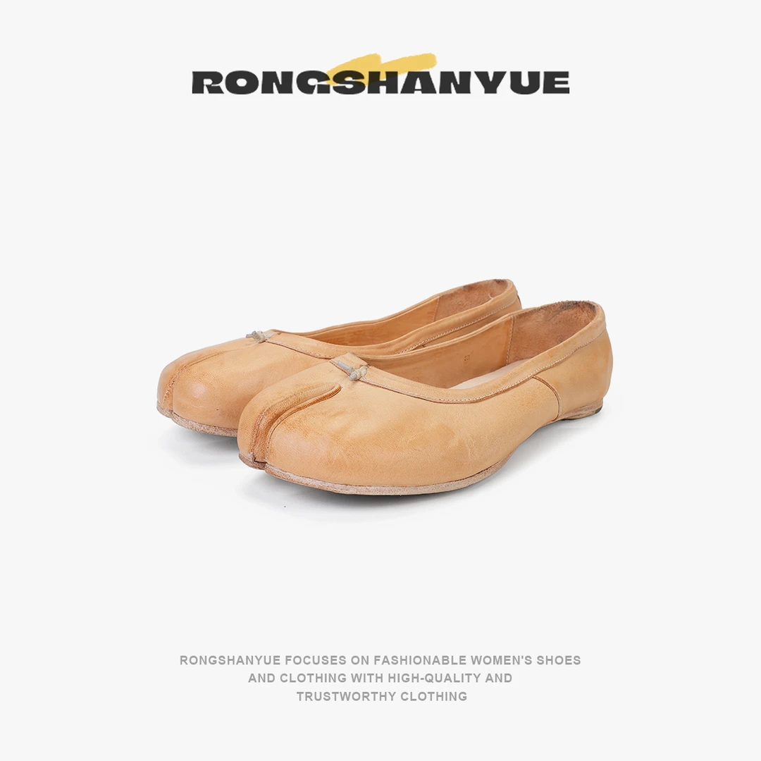 Rongshanyue复古分趾鞋女平底浅口猪蹄单鞋做旧芭蕾舞鞋B1268