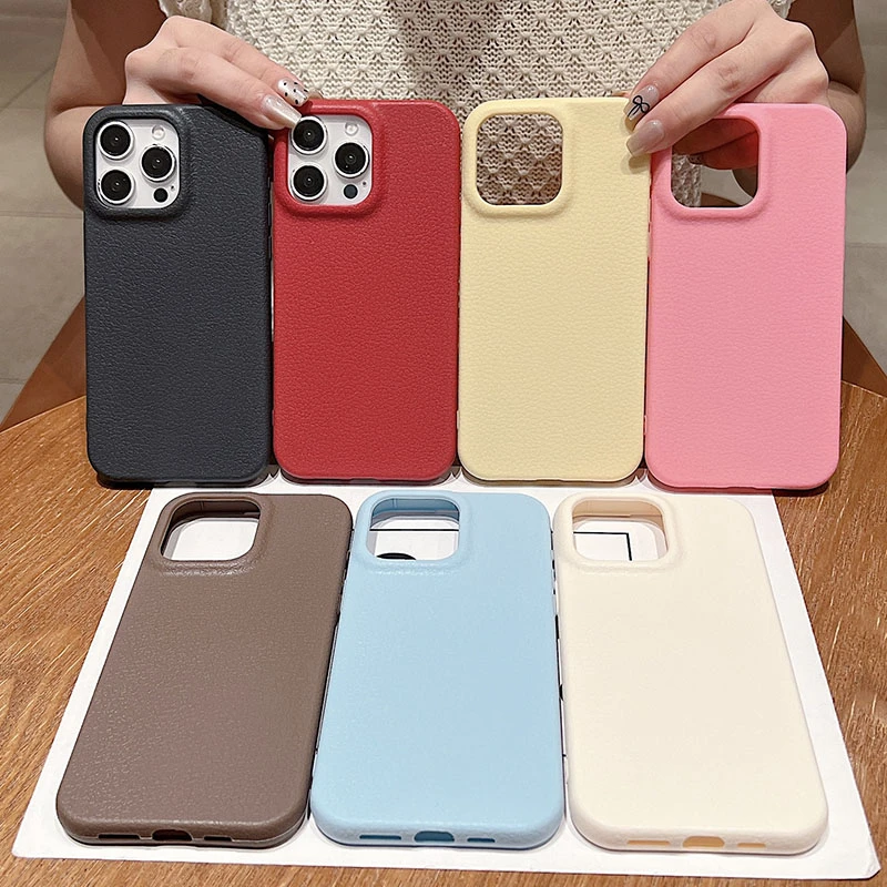 适用苹果16E/15/14plus/13/12Promax/17荔枝纹手机壳防摔简约纯色