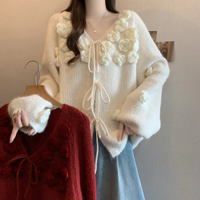 法式甜美立体花朵红色毛衣女冬季2025新款大码胖mm宽松套头针织衫