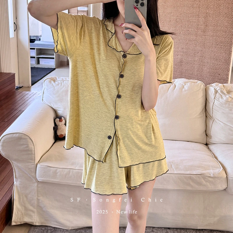 木耳边撞色开衫夏季睡衣套装新款亲肤短袖短袖家居服两件套透气女