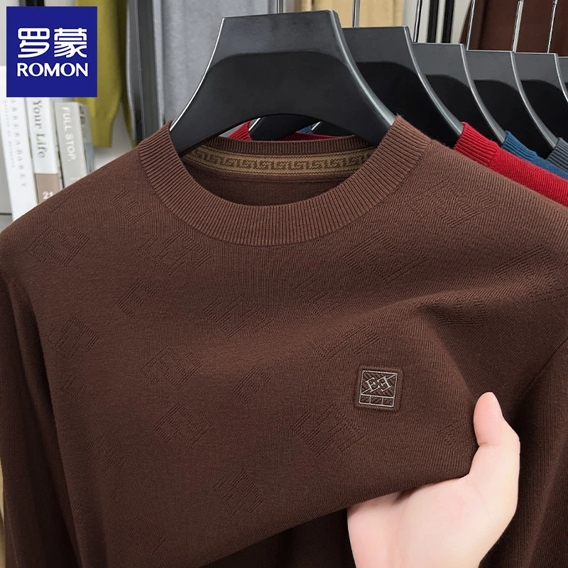 Romon/罗蒙高档男士针织衫百搭休闲圆领长袖毛衣保暖秋季男上衣