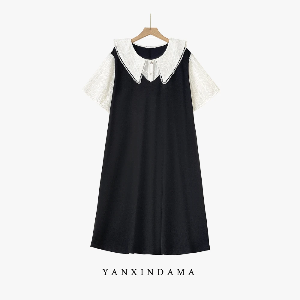 【岩心】大码女装300斤胖MM时尚夏季翻领新款显瘦宽松连衣裙7115