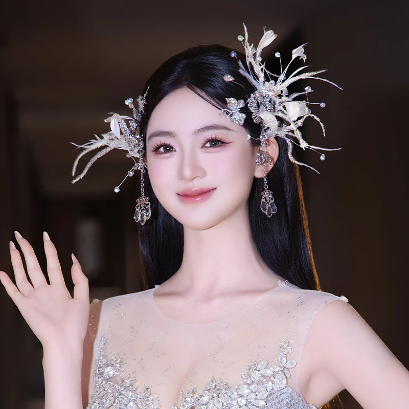 合金羽毛婚庆饰品 韩系新娘发饰氛围感羽毛流苏对夹配饰品MT2586