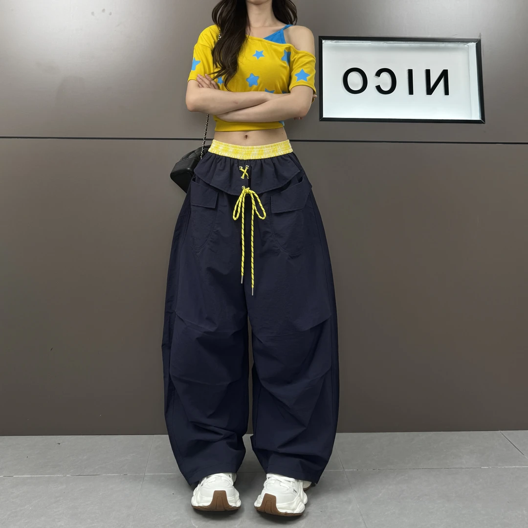 美式复古拼接撞色抽绳个性褶皱屁帘拼接超酷阔腿休闲裤