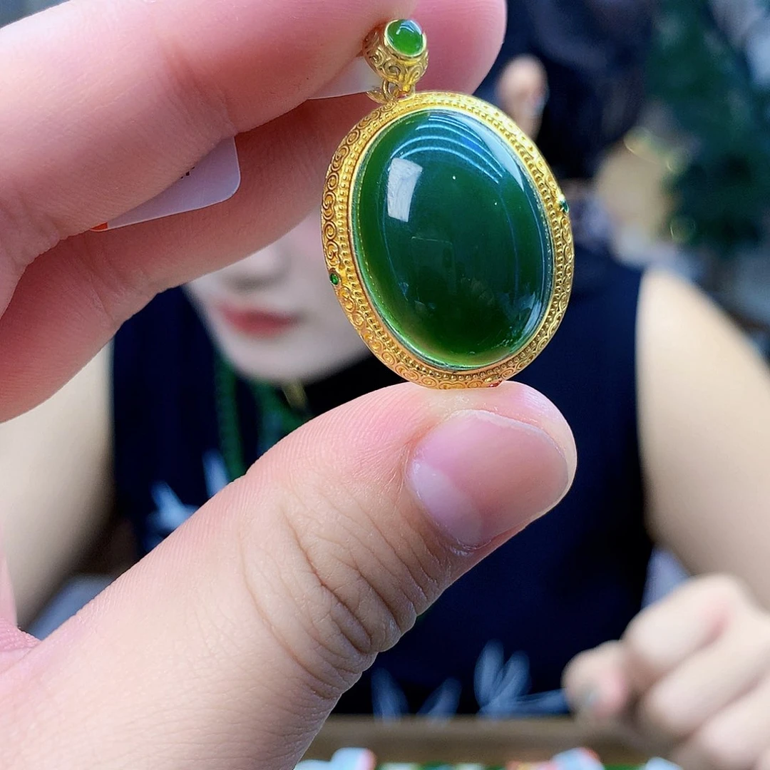 吊坠(不含链)银S925镶嵌和田玉（碧玉）吊坠