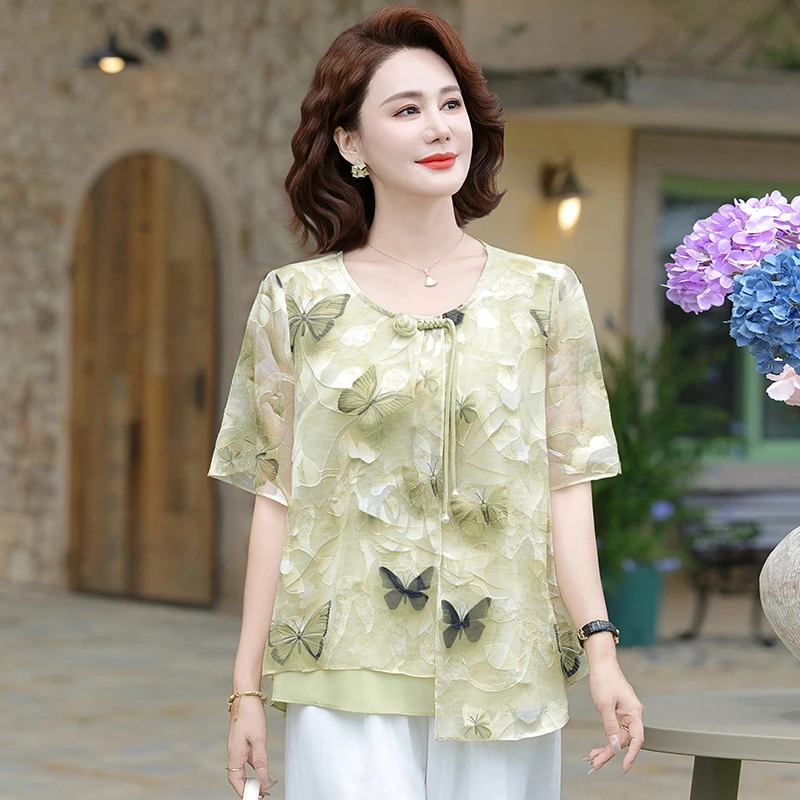 2025夏装新款妈妈装上衣小衫圆领T恤中老年女装宽松衬衫