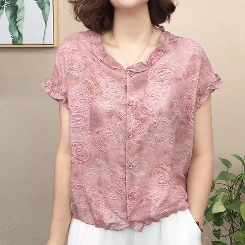 气质减龄中年女士时尚开衫夏季短袖T恤2025新款遮肉显瘦印花上衣