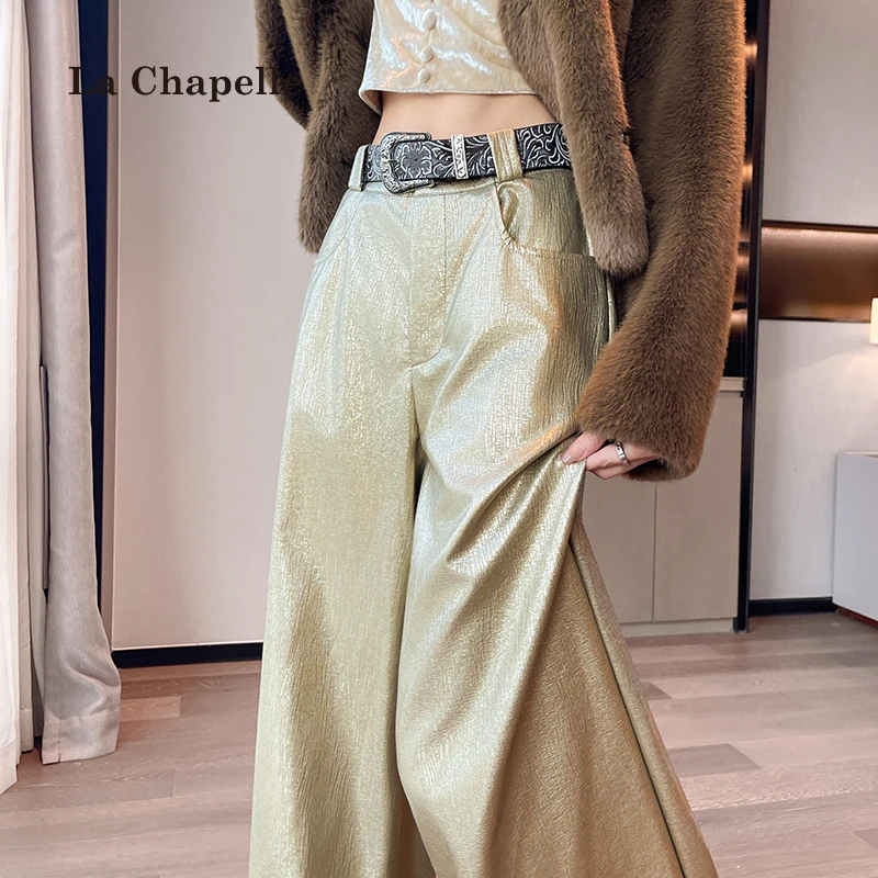 拉夏贝尔美式街头风pu皮长裤女秋冬高腰直筒显瘦高级感垂感阔腿裤