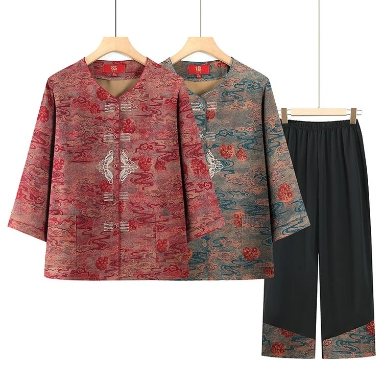 奶奶夏装七分衬衫中式中老年人女装妈妈老太太套装衣服